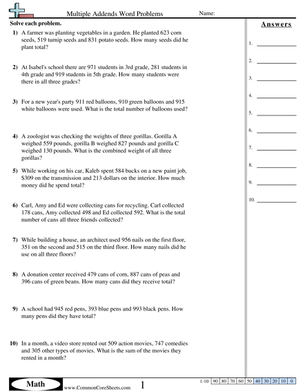 Addition Worksheets - Multiple Addends (3 Digits) Word worksheet